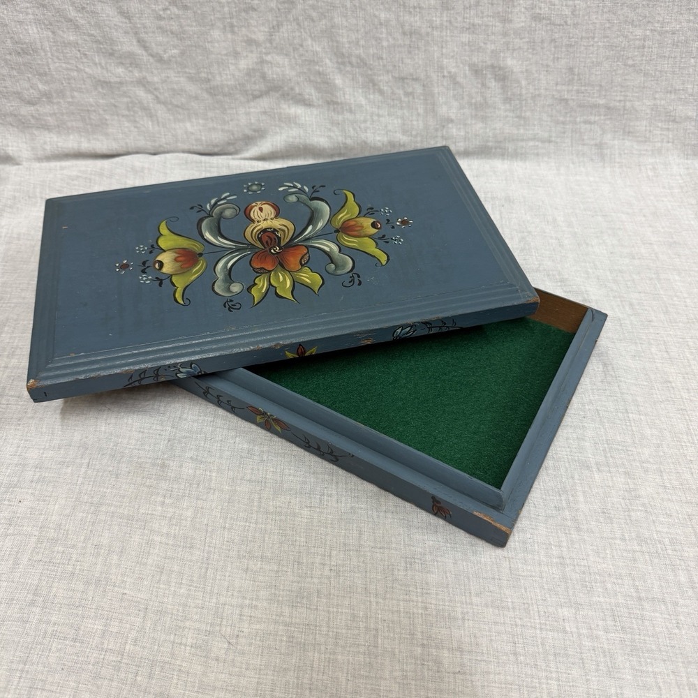 Vintage Rosemaling Floral Hand‎ Painted Wood Trinket Box Blue 9.75" Folk Art